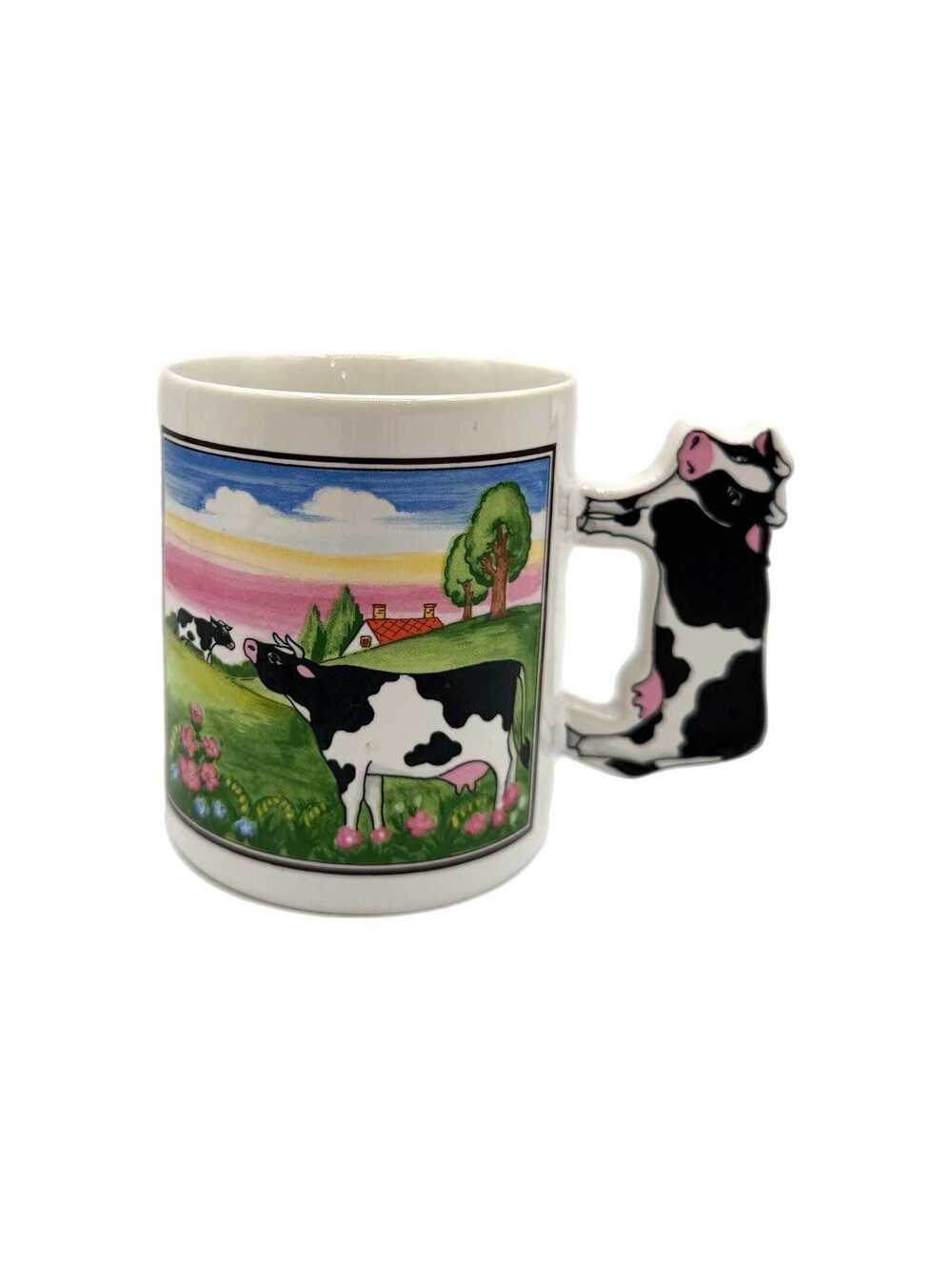 Vintage Cow-Themed Pastoral Scene Ceramic Coffee Mug – Cow-Shaped Handle
